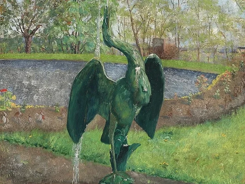 1856-Juliane Langberg - Vista da un parco con una fontana a forma di airone.